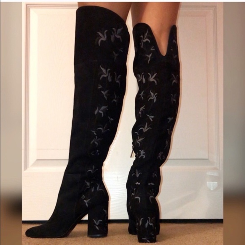 Sexy Knee High Boots Black Flower Embroidery Claire Womens Size 8.5 - Picture 13 of 16